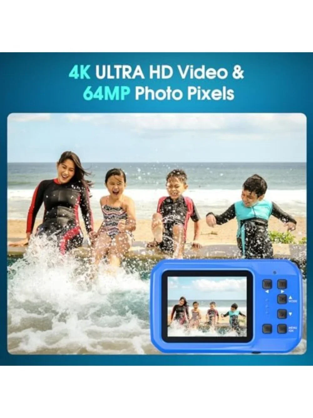 4K Waterproof Underwater Camera, 64MP Compact, 16FT Depth, 16GB Card Included